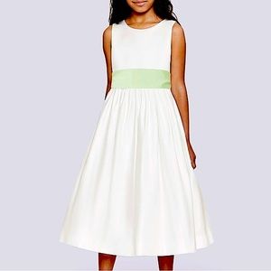 Us Angels Satin Ivory Flower Girl Dress with Green Sash Size 6X